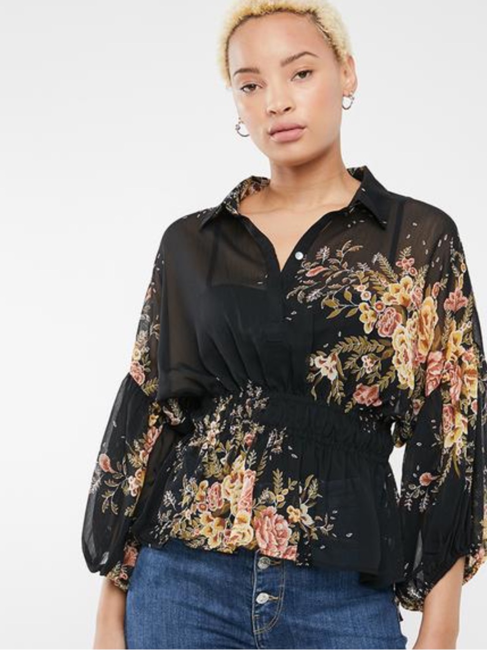NWT 18 Centimeters Sheer Black Floral Peplum Long Sleeve Blouse Top